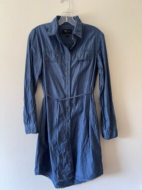 Ronni Nicole Blue Long-Sleeve Button Down Shirt Dress with Tie Waist Size 4